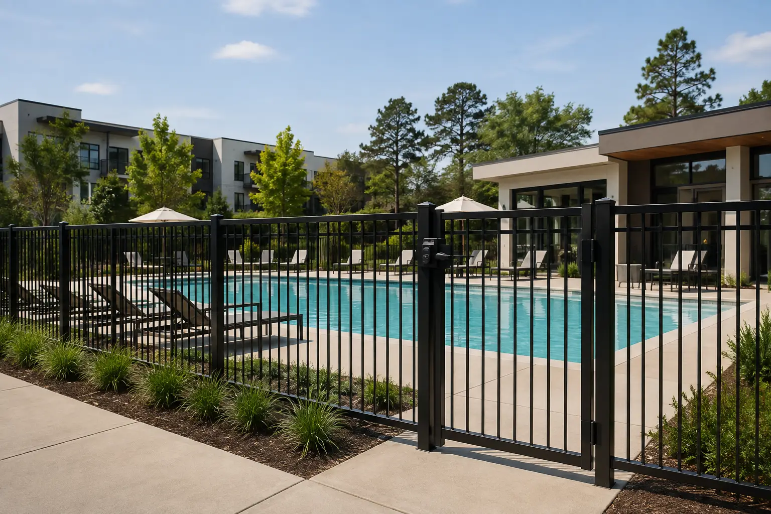 Black aluminum safety fence with a self-closing gate surrounding a modern community swimming pool.