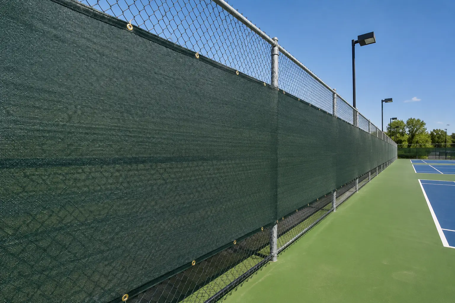Commercial windscreen mesh installed around an outdoor tennis and athletic facility.