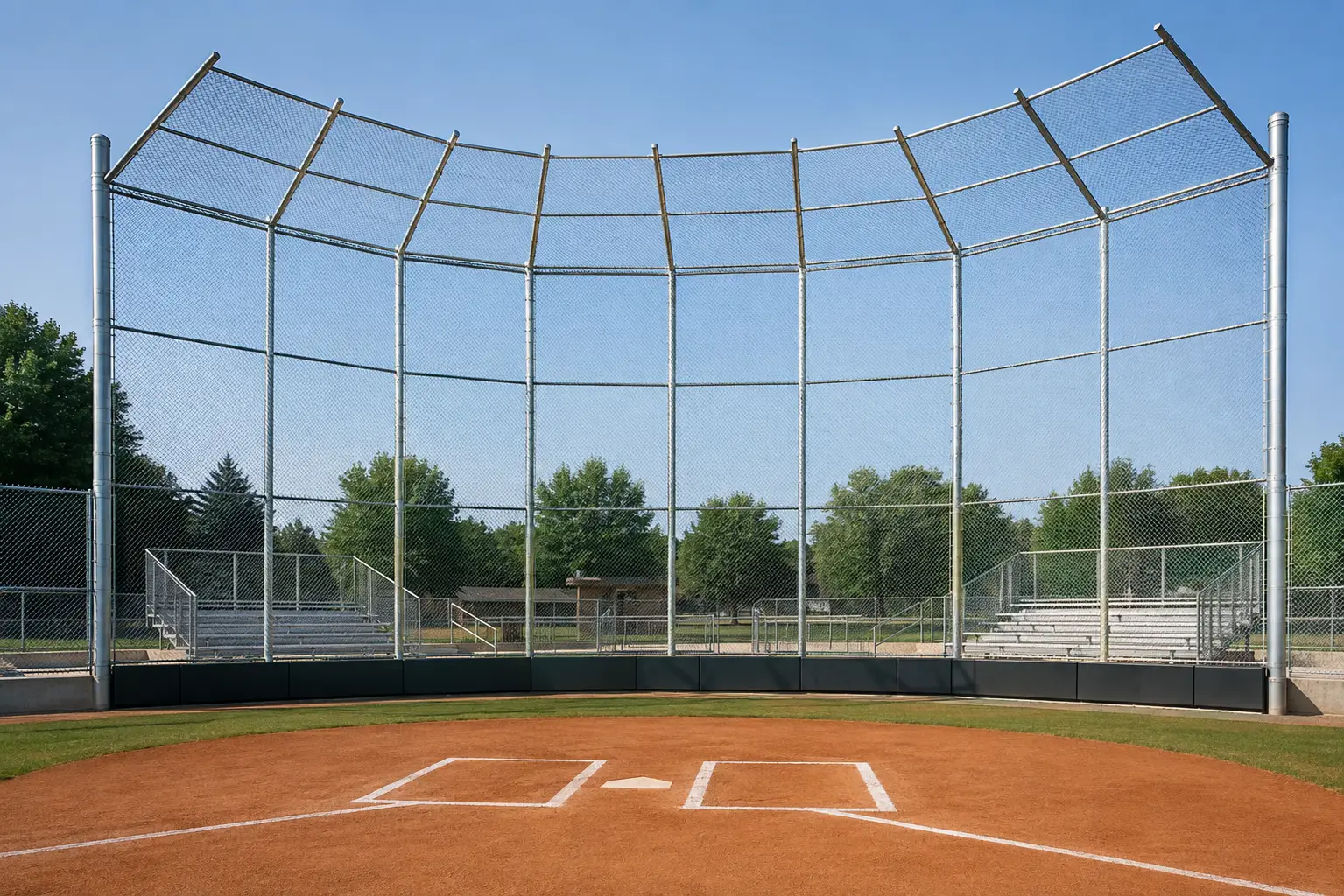 Professional galvanized baseball and softball backstop system at a municipal athletic field.