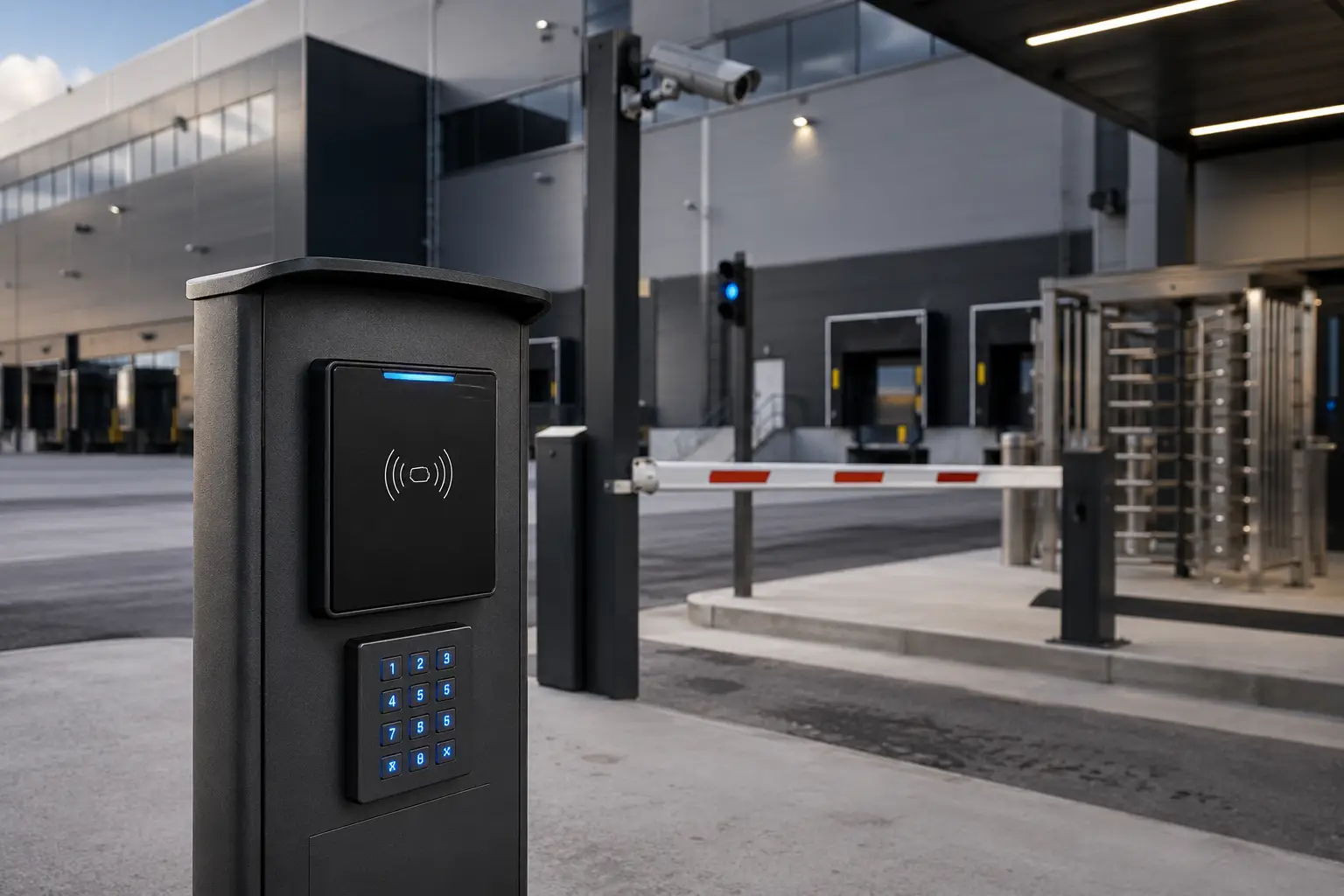 Distribution center security fence access control system with RFID reader and keypad
