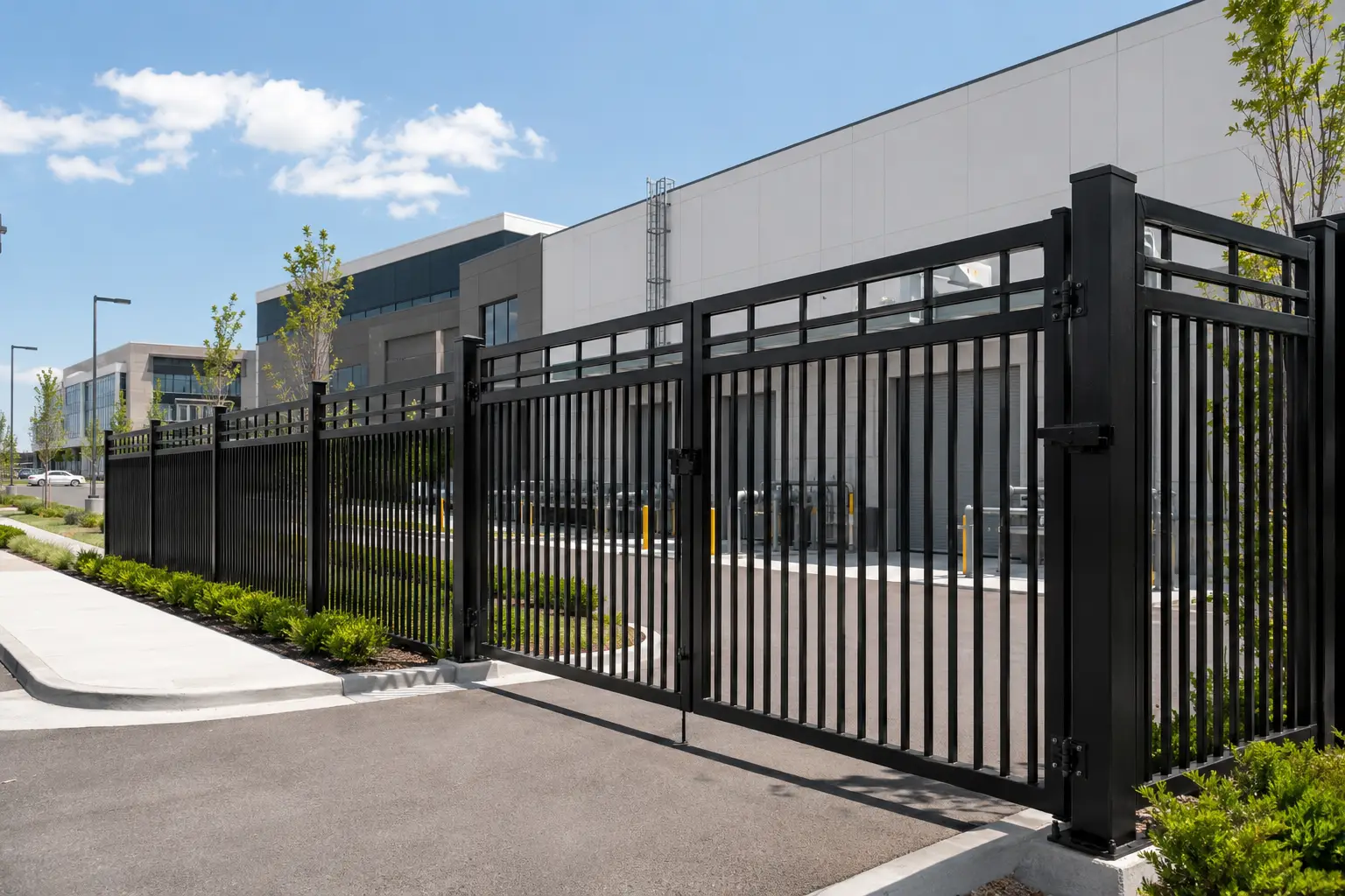 Heavy-duty black aluminum security fence and access gate surrounding a modern commercial facility.
