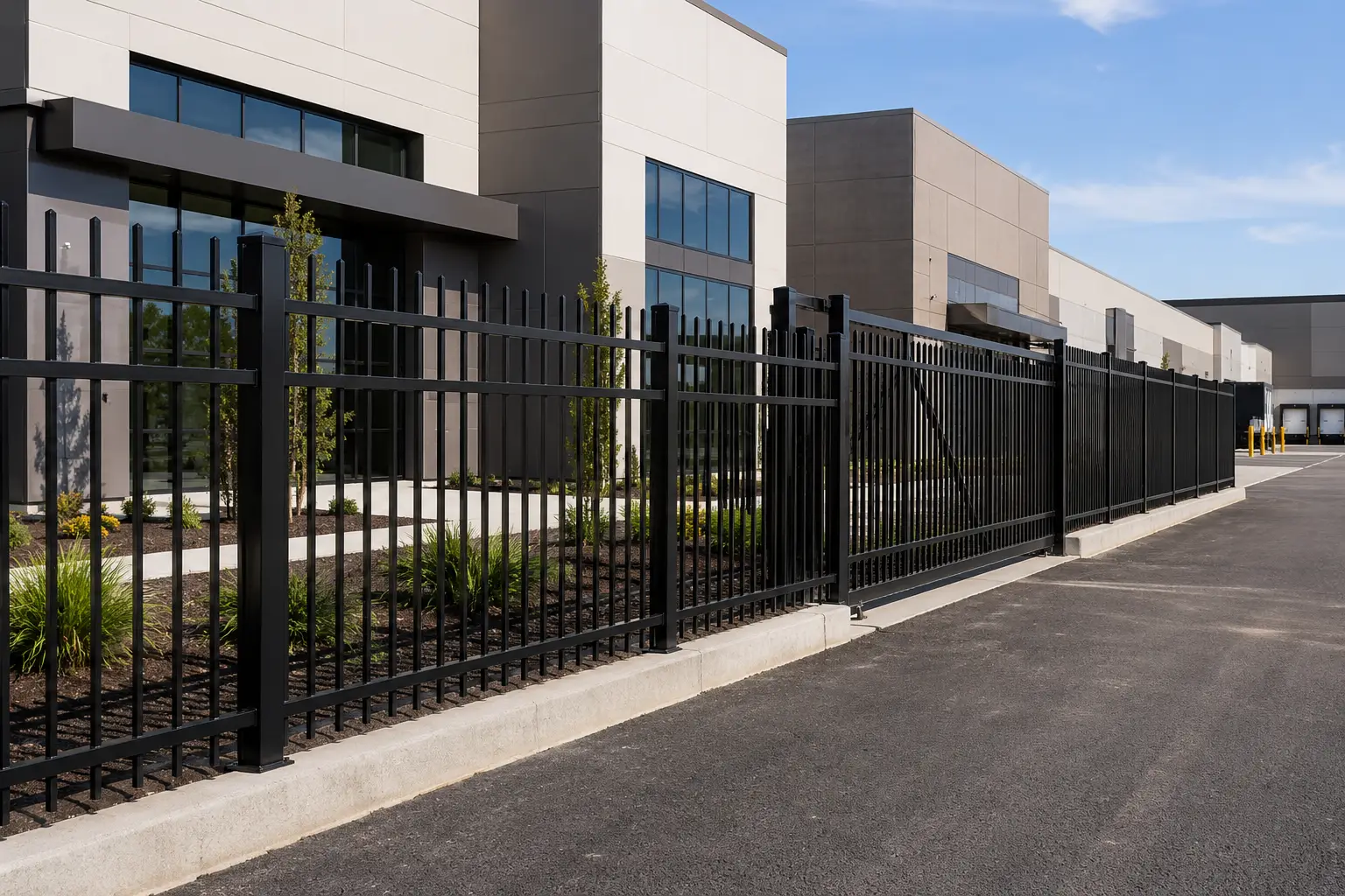 Commercial steel fence system protecting an industrial property perimeter.