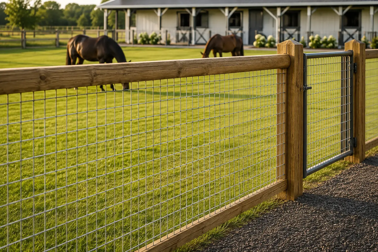 High-tensile fixed knot farm fence with reinforced H-bracing on a cattle ranch.