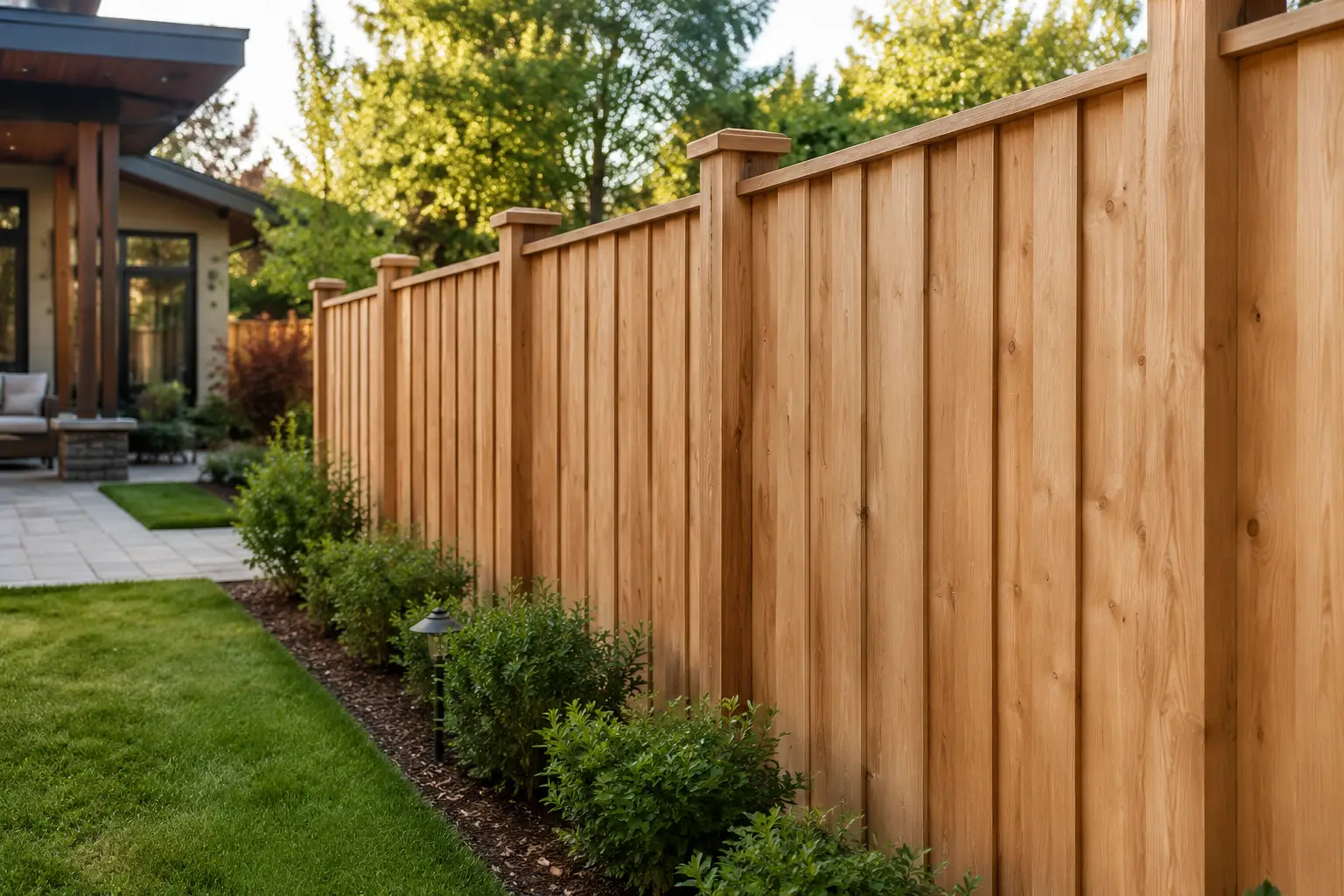 Horizontal wood privacy fence system for a modern multi-family development.