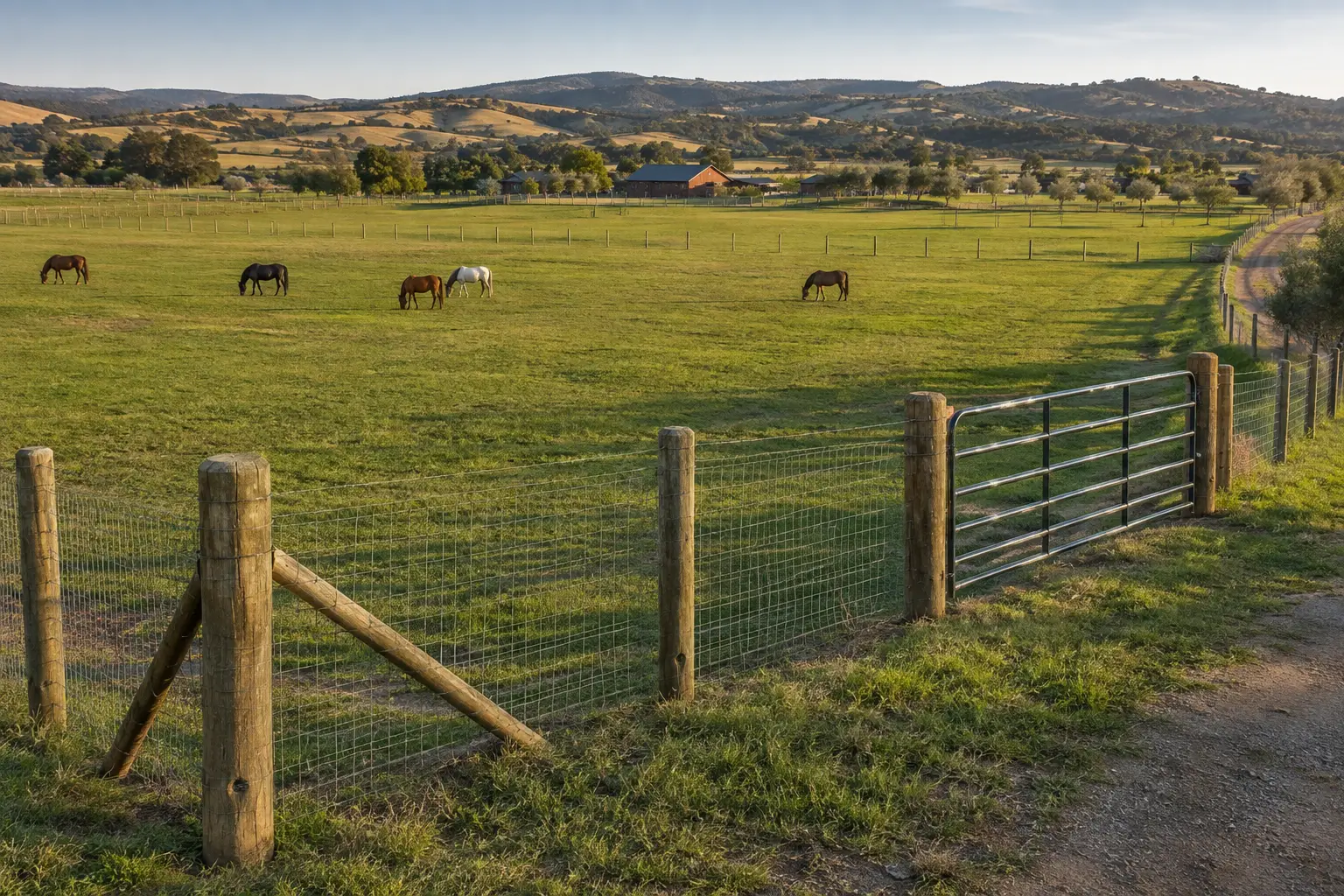 Horse pasture fence securing a large grazing field and ranch perimeter.