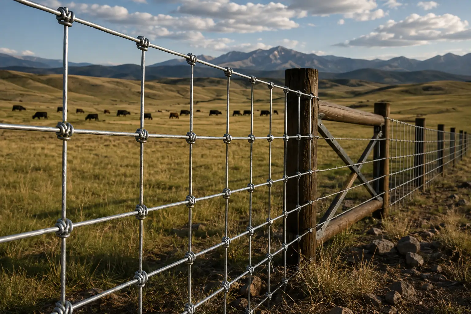 No-climb horse fence with tight 2-by-4 woven wire mesh around an equestrian paddock.