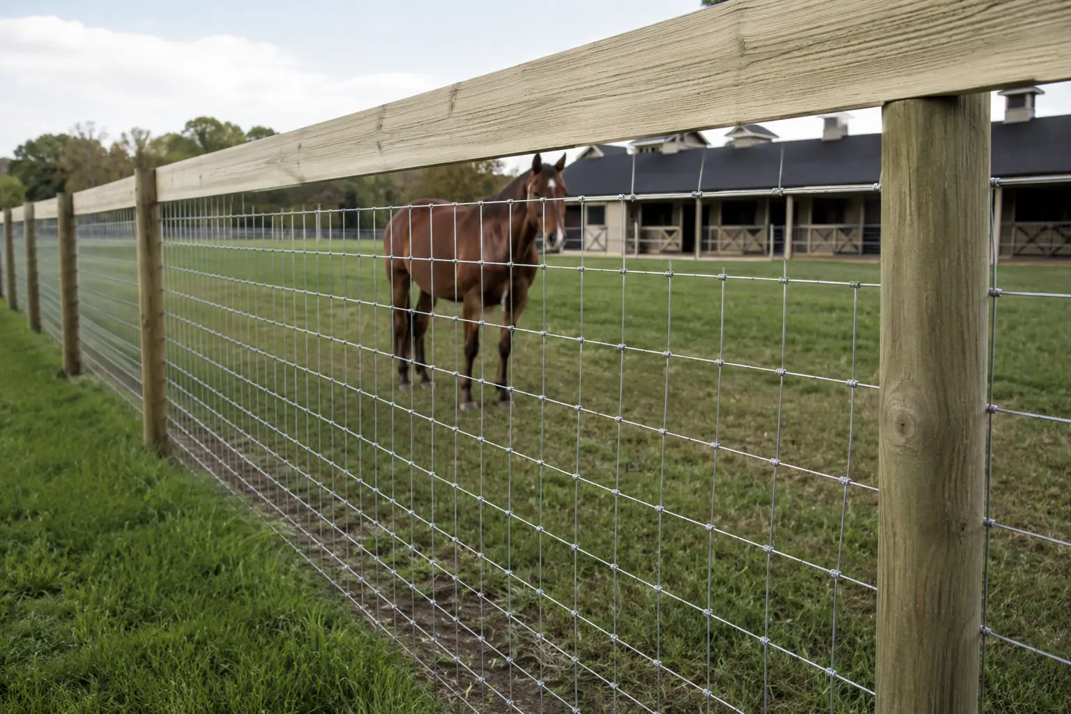 No-climb woven wire horse fence installed around a professional paddock.