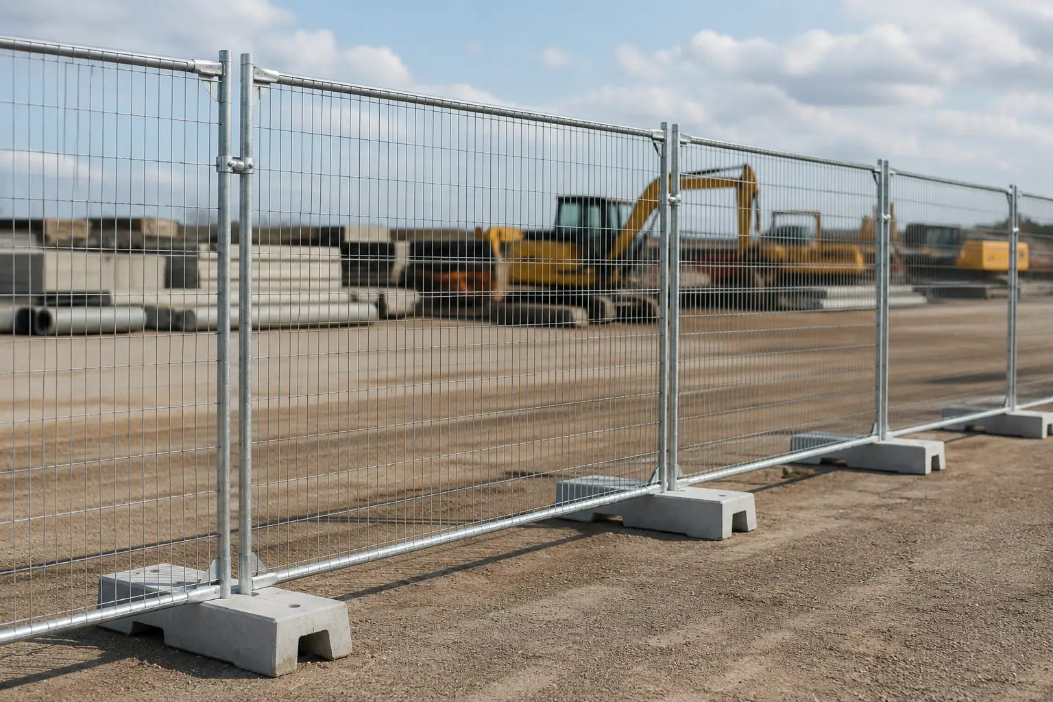 Portable temporary construction fence panels with galvanized frames, clamps and concrete bases.