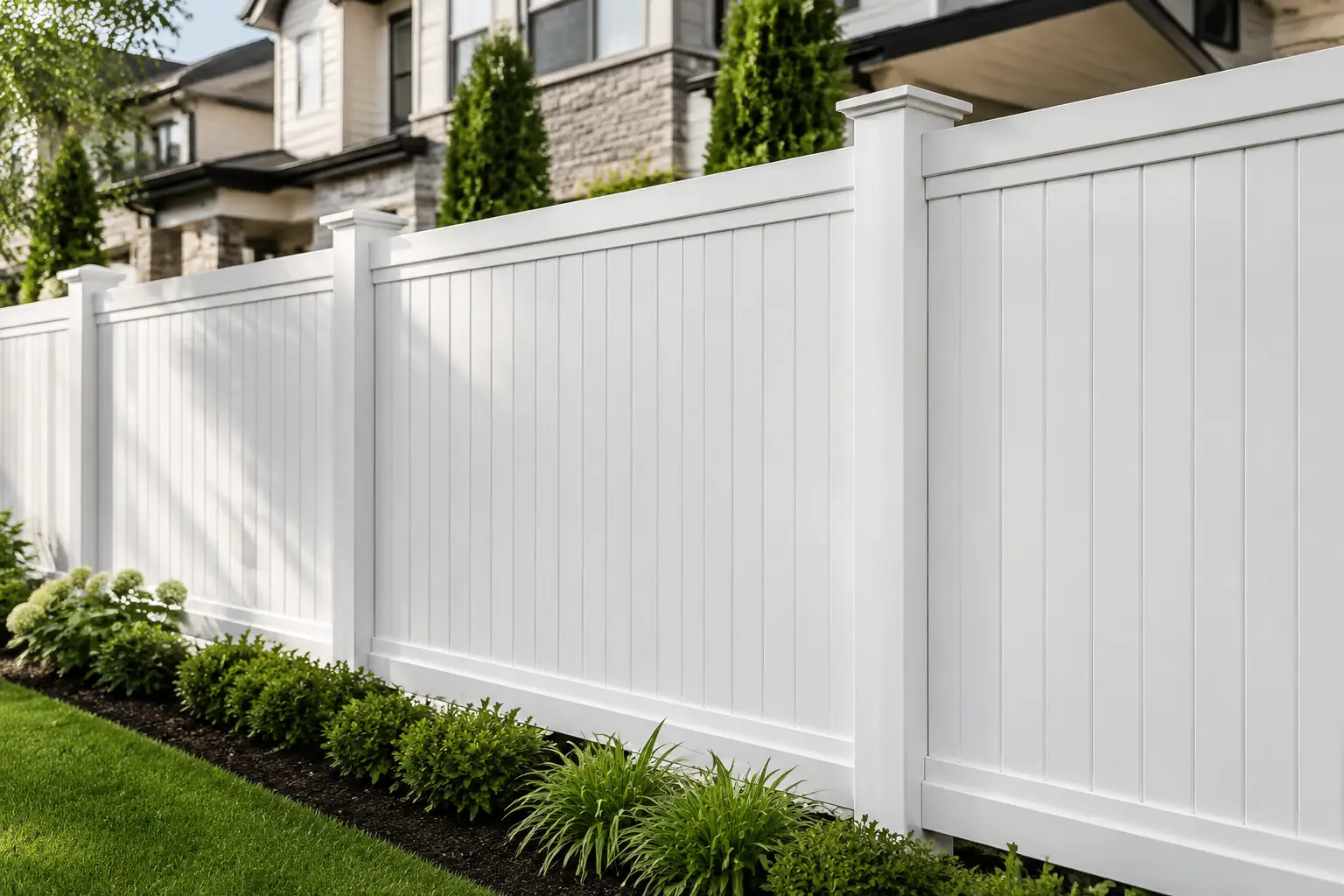 White full-privacy vinyl fence installed along a landscaped residential property.