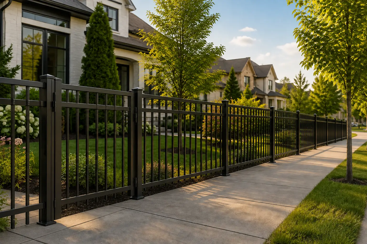 Black aluminum fence surrounding a landscaped residential development in warm afternoon light.