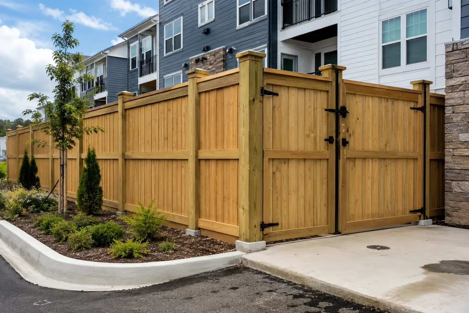Residential wood privacy fence panels surrounding a modern community backyard.