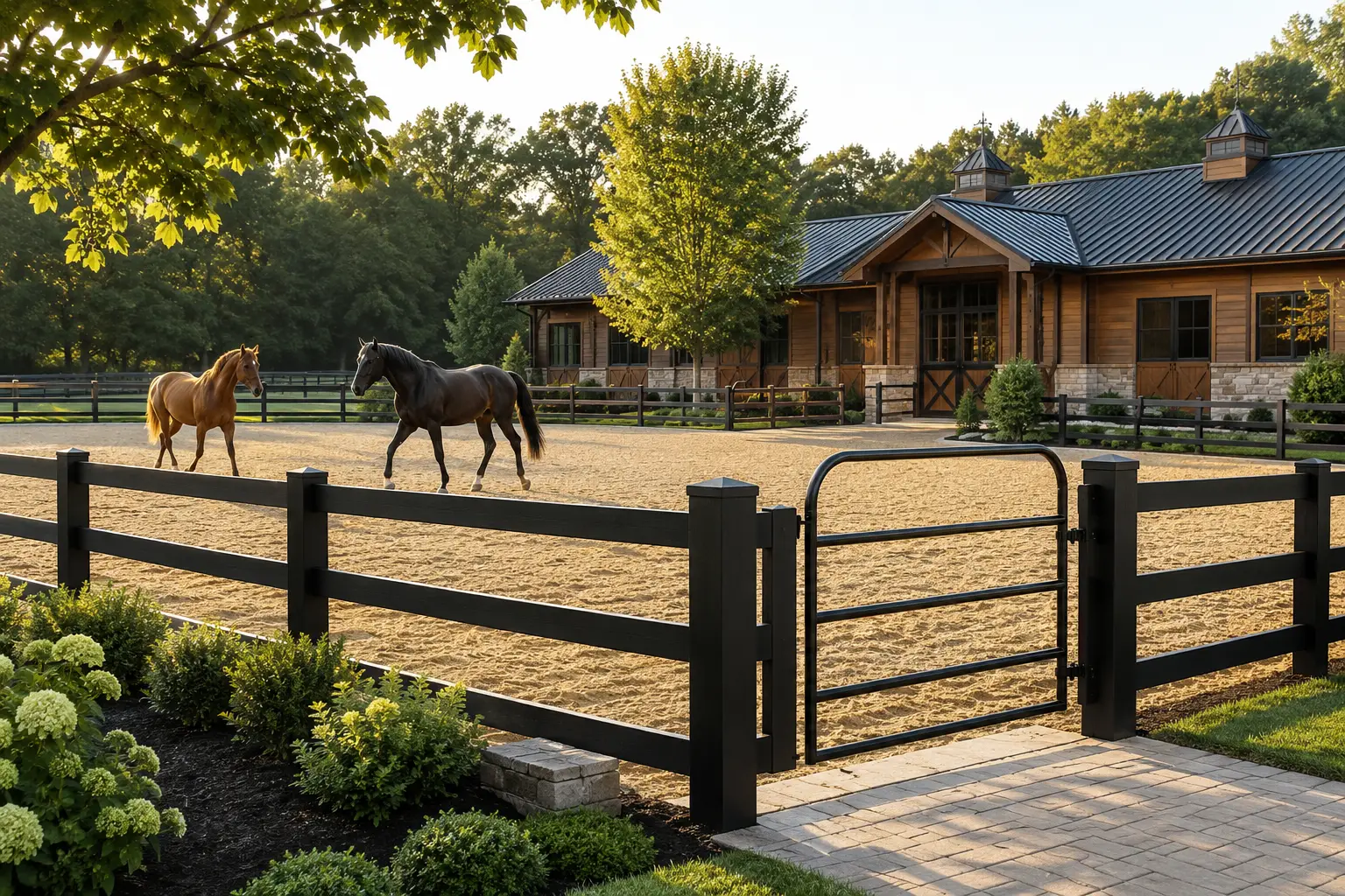 Three rail horse fence surrounding an upscale equestrian training arena.