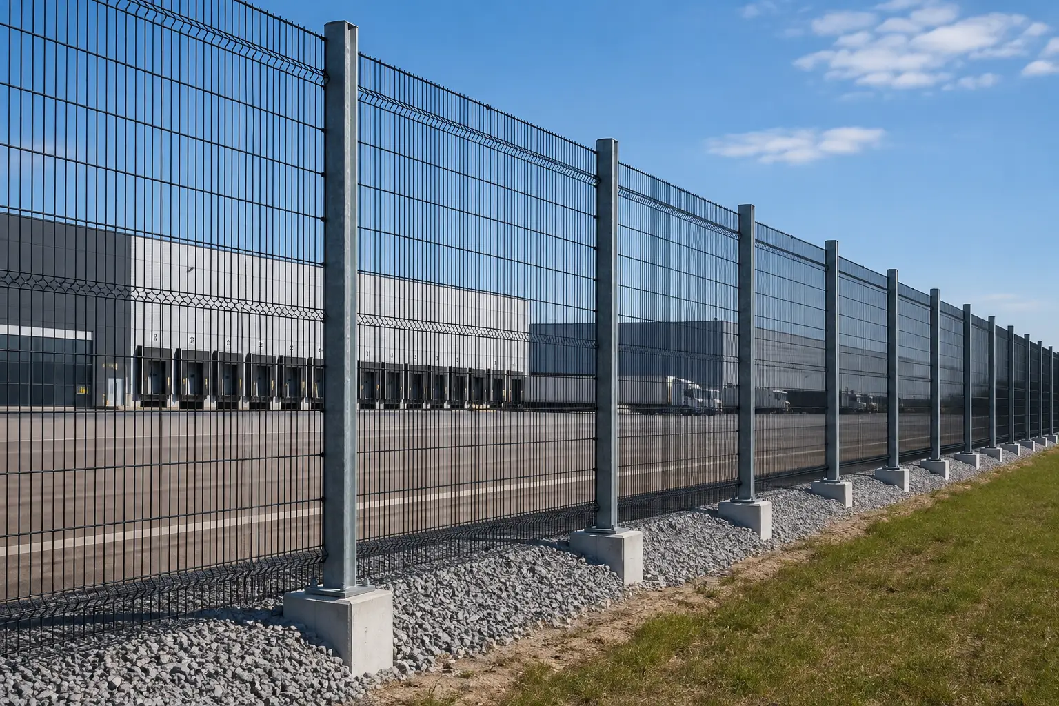 Distribution center security fence surrounding a warehouse logistics campus
