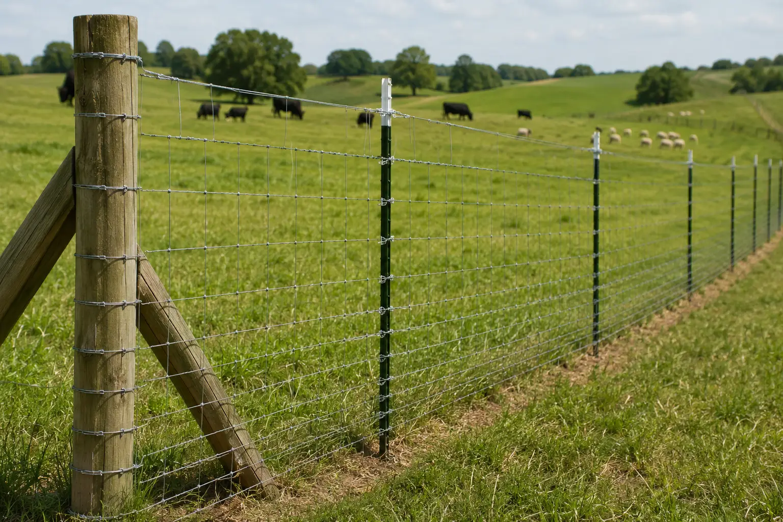 Galvanized woven wire field fence following a mixed-livestock pasture boundary.